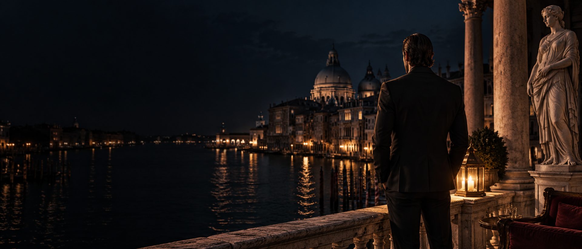 Mann im Anzug auf einer Terrasse über dem nächtlichen Kanal in Venedig